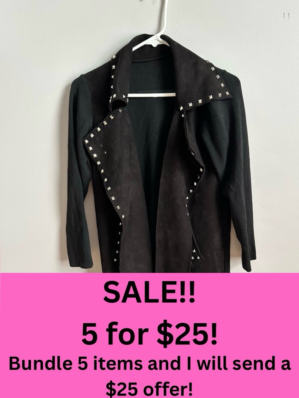 5/$25 Black Stud-Trim Open Front Sweater